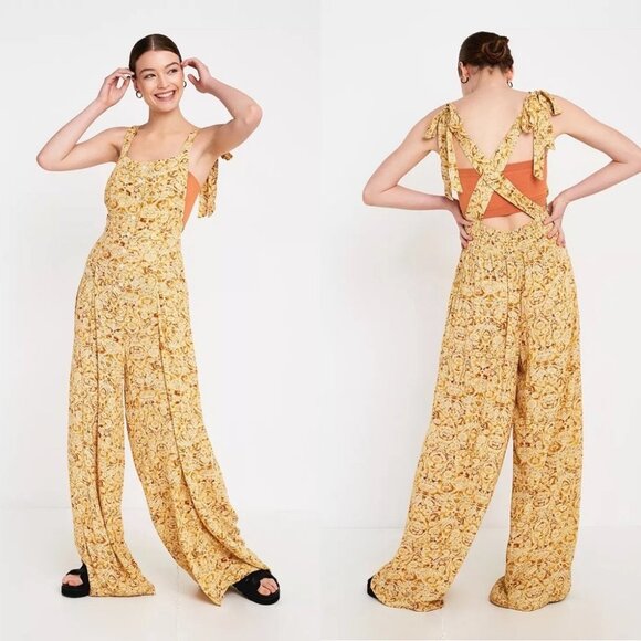 Free People Yellow Sugar Sands Jumpsuit Wide Leg Floral Print Smocked Size XS‎ - Picture 7 of 16